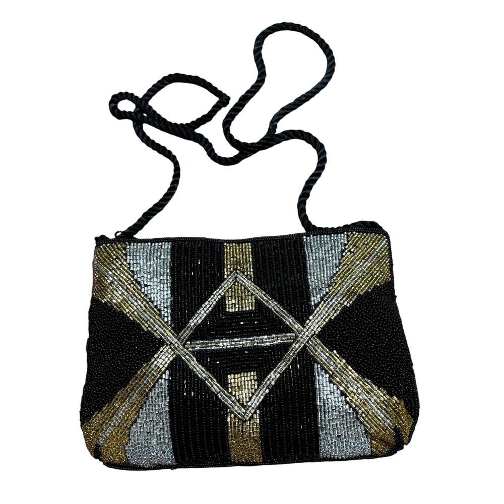 Vintage 1980’s beaded evening bag geometric black satin gold silver shoulderbag
